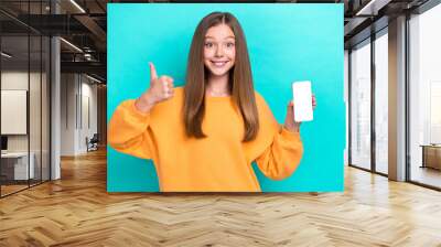 Photo of little teen girl wear stylish yellow sweatshirt hold smartphone empty space thumb up like shopping ad isolated on cyan color background Wall mural