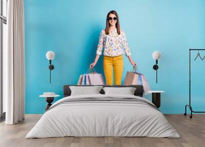 Photo of lovely lady hold mall packets wear sunglass geometry print shirt yellow trousers isolated blue color background Wall mural