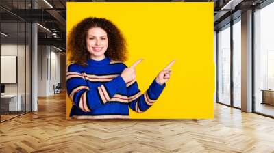 Photo of lovely woman with perming coiffure dressed warm sweater indicating at discount empty space isolated on yellow color background Wall mural