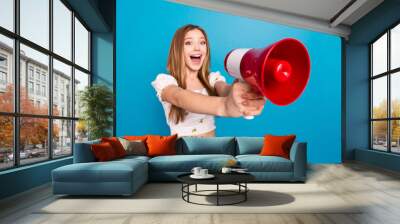 Photo of nice young girl loudspeaker empty space wear top isolated on blue color background Wall mural