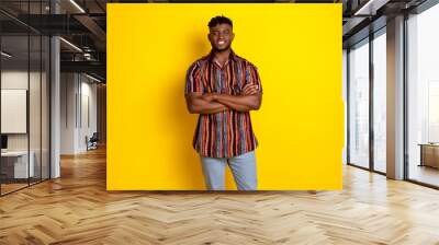 Photo of nice young man folded arms posing wear shirt isolated on yellow color background Wall mural