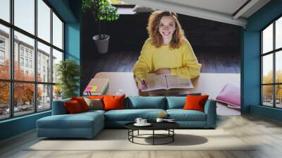 Photo of nice young woman write textbook online lesson dressed yellow sweater comfortable light startup office loft cozy room interior Wall mural