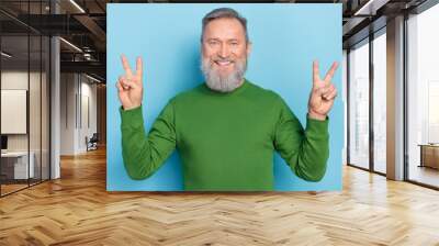 Photo of optimistic middle aged man make double palm v-sign enjoy weekends isolated blue color background Wall mural