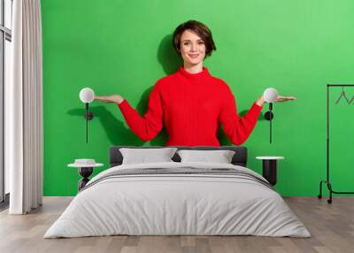 Photo of optimistic nice brunette hairdo lady hold empty space wear red sweater isolated on bright green color background Wall mural