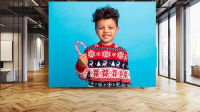 Photo of optimistic small boy with curly hair dressed ornament sweater holding christmas lollipop isolated on blue color background Wall mural