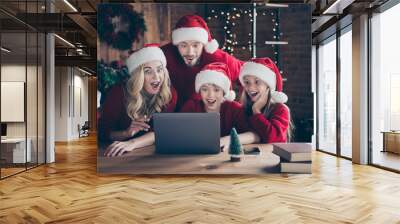 Photo of parents sister brother sitting table indoors staring notebook shocked by internet shop sale prices wear red jumpers santa claus caps Wall mural