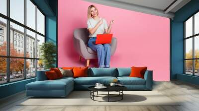 Photo of positive cute adorable girl wear trendy grey clothes recommend empty space isolated on pink color background Wall mural