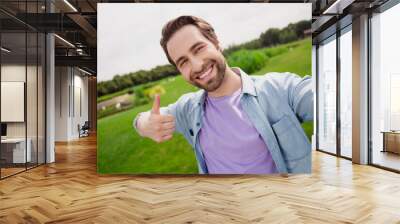 Photo of positive good mood male take selfie showing thumb-up like feedback relaxing outdoors summer vacation Wall mural