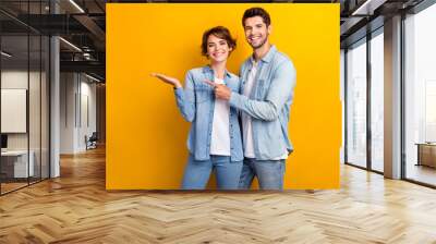 Photo of positive two promoters lady guy hold hand pointing advert promo isolated bright color background Wall mural