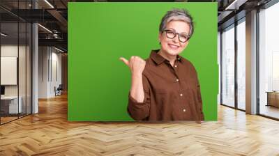 Photo of positive woman with gray hairstyle wear brown shirt in glasses indicating at promo empty space isolated on green color background Wall mural