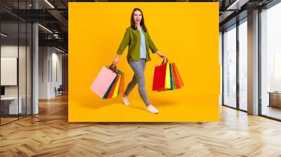 Photo of pretty adorable young woman dressed green shirt holding bargains walking smiling isolated yellow color background Wall mural