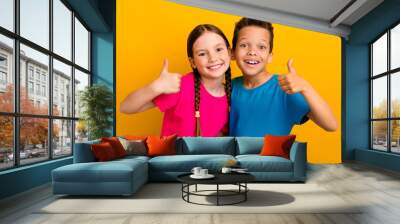 Photo of pretty confident preteen schoolkids dressed t-shirts showing two thumbs up isolated yellow color background Wall mural