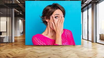 Photo of pretty excited lady dressed pink knitted shirt arm cover face eye peek you isolated blue color background Wall mural