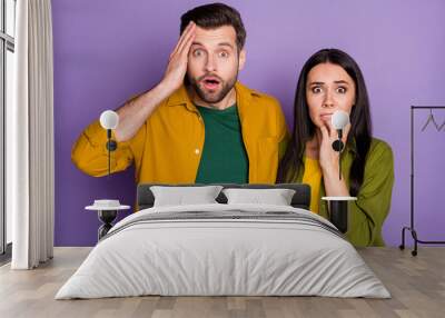 Photo of pretty lady handsome guy couple raise hands watch tv news not believe eyes coronavirus disease infection spreading wear casual shirts clothes isolated purple color background Wall mural