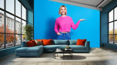 Photo of pretty young woman hold empty space wear pink pullover isolated on blue color background Wall mural