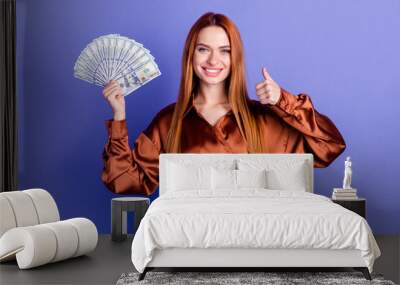 Photo of pretty young woman hold money show thumb up wear brown shirt isolated on violet color background Wall mural