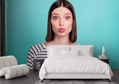 Photo of romantic cute pretty lady lips send air kiss wear striped shirt isolated on teal color background Wall mural