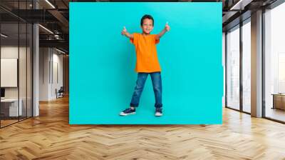 Photo of satisfied boy learner raise two arm show approval yes symbol enjoy nice lesson empty space isolated on cyan color background Wall mural