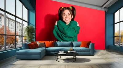 Photo of shiny sweet young woman dressed green knitted sweater hugging herself isolated red color background Wall mural