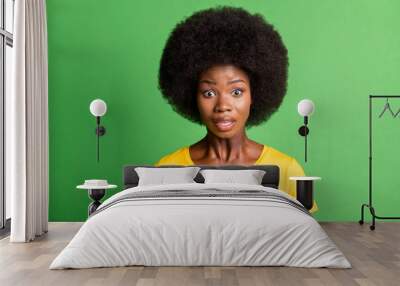 Photo of shocked young afro american woman wear yellow t-shirt stare isolated on green color background Wall mural