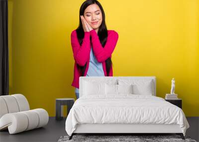 Photo of sleepy brunette hair young lady hands face wear pink sweater jeans isolated on yellow color background Wall mural