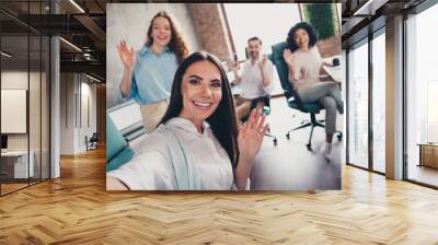 Photo of successful happy attractive people office workers streaming team building meeting workplace indoors Wall mural