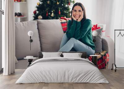 Photo of sweet pretty girl wear xmas green pullover smiling arms cheeks sitting couch indoors home room Wall mural