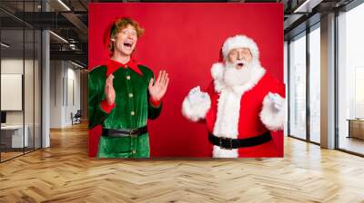 Photo of two funny men santa claus elf hands hold empty space wear x-mas costume coat headwear glasses isolated red color background Wall mural