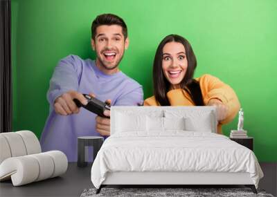 Photo of two overjoyed partners hands hold controller play video games isolated on green color background Wall mural