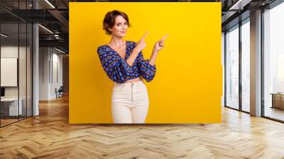 Photo of young beautiful lady brown haired model indicating forefingers copyspace temperature rate isolated on yellow color background Wall mural