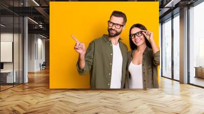 Photo of young couple guy indicate finger empty space promo select recommend isolated over yellow color background Wall mural