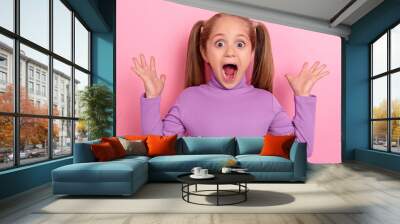 Photo of young crazy impressed little girl see huge sales bargain on black friday isolated on pink color background Wall mural