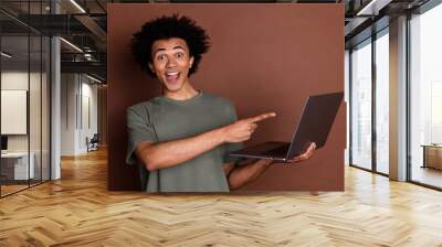 Photo of young guy in gray t shirt remote working remote using laptop pointing finger at display isolated on brown color background Wall mural