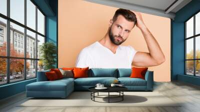 Photo of young handsome man enjoy hair care treatment lotion hairdo look empty space isolated over beige color background Wall mural