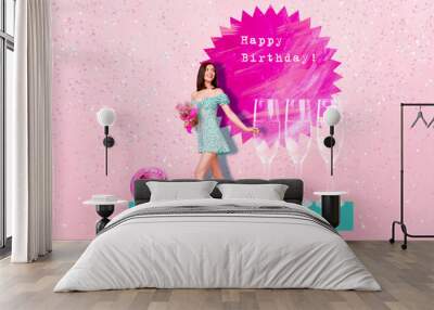 Photo of young lady painted on creative illustration collage wineglass preparation birthday event disco ball isolated on pink background Wall mural