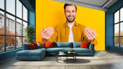 Photo of young man happy positive smile show hands welcome invite sign hug isolated over yellow color background Wall mural