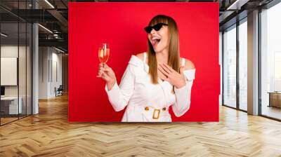 Photo of young woman happy positive smile laugh drink champagne party toast isolated over red color background Wall mural