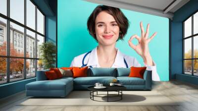 Photo of young woman happy positive smile surgeon show okey perfect sign isolated over teal color background Wall mural