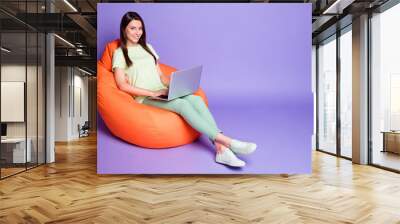 Photo portrait full body view of smiling woman working on laptop sitting in orange bean bag chair isolated on vivid violet colored background Wall mural