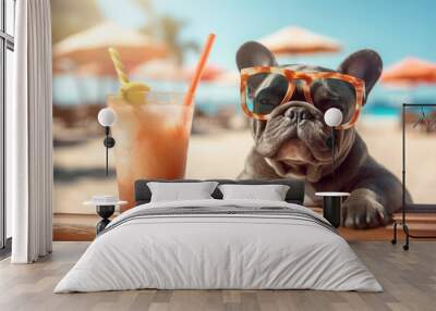 Photo portrait of a realistic happy french bulldog sitting in a beach cafe with a fresh cocktail on summer vacation, relax vibe concept. Generative Ai Wall mural