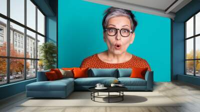 Photo portrait of attractive senior woman amazed facial expression dressed stylish brown clothes isolated on cyan color background Wall mural