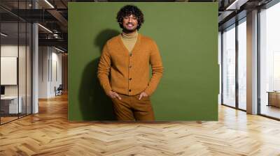 Photo portrait of handsome young guy posing hands pockets dressed stylish brown garment isolated on khaki color background Wall mural