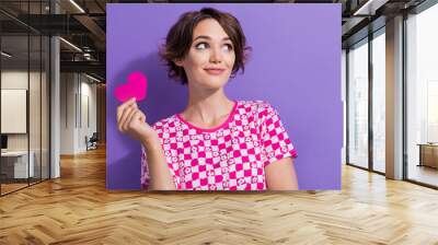 Photo portrait of lovely young lady heart postcard look empty space dressed stylish pink garment isolated on violet color background Wall mural