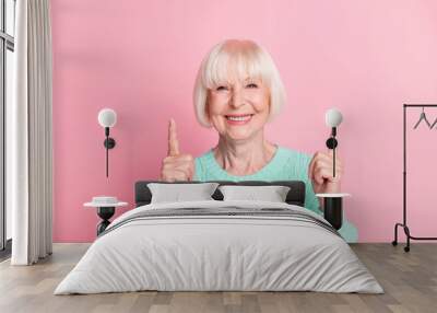 Photo portrait of pretty old lady pointing up at copyspace smiling wearing teal knitted sweater isolated on pastel pink color background Wall mural