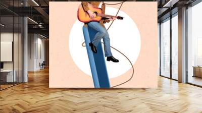 Photo sketch collage graphics artwork picture of smiling lady playing guitar sitting apple samsung modern gadget isolated drawing background Wall mural