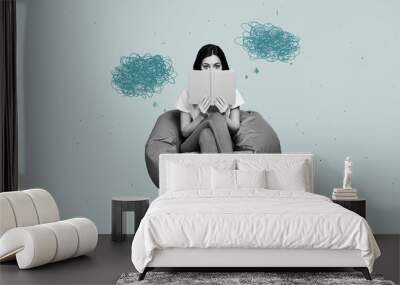 Picture image collage of afraid scared girl relax rest home bean bag read novel detective scary story isolated on drawing background Wall mural