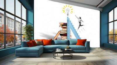 Picture of creative collage reaching high ruler jump girl fist up eureka lightbulb finally decision much books bookworm isolated on white background Wall mural