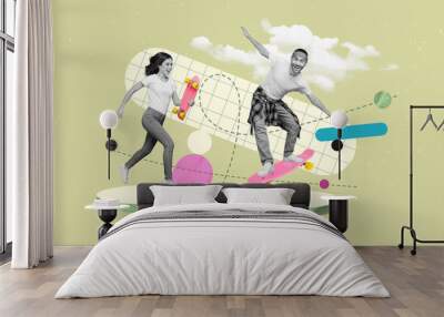 Placard collage photo of two young people summertime have fun riding skateboard man woman entertainment isolated on green background Wall mural