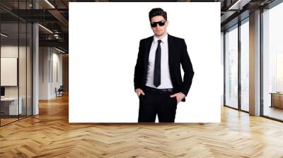 Portrait handsome charming executive have eyewear eyeglasses specs put hands pockets fashionable trousers satisfied think thoughtful agent enterprise concept modern outfit isolated silver background Wall mural