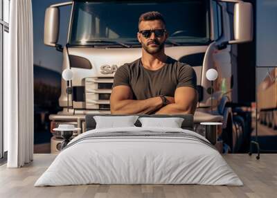 Portrait made with AI generative technology of a professional confident truck driver standing in front of car Wall mural